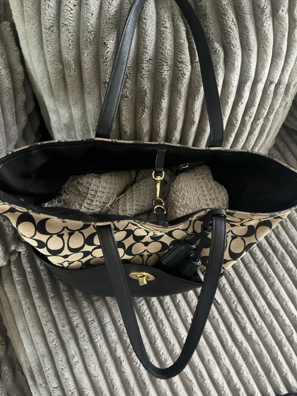 Coach Two-Tone Signature Canvas Tote with Black Leather Base - Picture 3 of 11